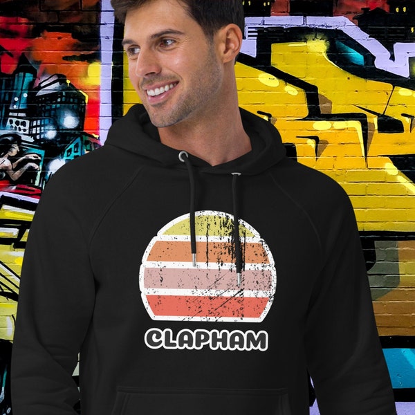 Clapham Vintage Sunset Hoodie, Unisex Eco Raglan, Distressed Effect Graphic, Organic Streetwear Fashion, Gritty London Urban Clothing