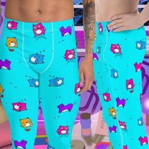 Mens Leggings Kawaii Anime Cats, Cute Harajuku Cartoon Cats Patterned Meggings, Cat Lover Clubbing Outfit, Popkei Outfit, Rainbowcore Meggs