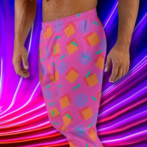 Mens Joggers 80s Memphis Design, Pink Geometric Harajuku Athleisure, Patterned Sweatpants Jogging Bottoms, Loungewear Pants Festival Rave