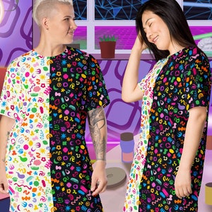 T-shirt Dress Memphis Design, Fun Maximalist Kidcore Shirt Dress, Rainbowcore Womens Shirt Top, Clowncore Clothing, Festival Rave Outfit