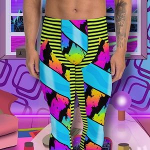 Mens Leggings Rainbowcore Cosplay Pro Wrestling Style Fashion Meggings for Guys, Retro Gym & Festival Pants, Vibrant Alternative Clothing. Anime rainbow pattern for gym, yoga, pilates, boxing, performance, dance. Neon colors. Stripes, scribbles.