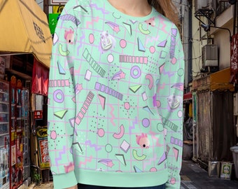 Retro Memphis Design Patterned Sweatshirt | All-Over Print Anime Fashion Top | Colorful Pastel Geometric Harajuku Athleisure