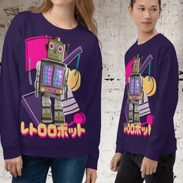 Retro Style Robot Sweatshirt | Colorful Futurist 80s Memphis Design Kawaii Japanese 50s Horror Movie Athleisure Top | Fun Jumper