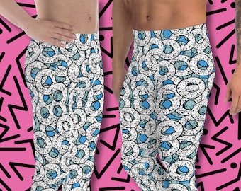 Mens Leggings Patterned Blue Anime Donuts 80s Memphis Festival Meggings | Gym Fashion Streetwear Athleisure for Men | Clubbing Outfit Meggs