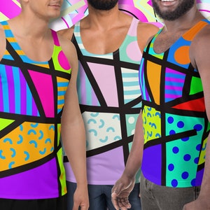 May include: Three men wearing sleeveless shirts with a geometric pattern in shades of pink, blue, green, yellow, orange, and purple. The pattern is made up of stripes, circles, and squares.