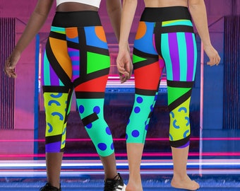 Patterned Women&#39;s Yoga Capri Leggings, 80s Memphis Geometric, Harajuku Yume Kawaii Neoncore Rave Wear and Streetwear