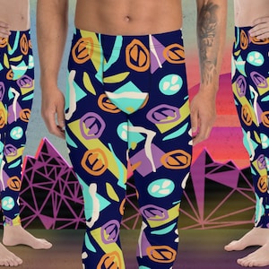 Mens Gym Leggings, Retro Pro Wrestling Tights, Festival Gear, Fashion Meggings, Geometric Memphis Design, Dance Tights, Mens Yoga Pants