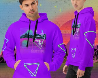 Graphic Hoodie Synthwave Y2K Streetwear 90s Retrowave Purple Sportswear Pullover Vaporwave Aesthetic, Printed Graphic Hoodie Ravewear