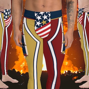 Mens Leggings Wrestling Hero, Patriotic Glam Rock Fashion Leggings, Pro-Wrestling Tights, Rave Gear, Halloween Cosplay Meggings, Party Pants