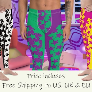 Mens Leggings Stars, Pro Wrestling Tights, Funky Fashion Leggings, Yoga Pants, Gym Outfit, Rave Gear, Dancewear, Running Tights, Wrestling tights, yoga gym pilates outfit. Pink, yellow, black, white, purple, green.