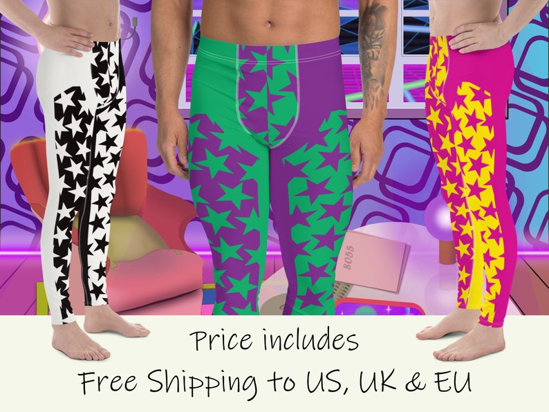 Mens Leggings Stars, Pro Wrestling Tights, Funky Fashion Leggings, Yoga Pants, Gym Outfit, Rave Gear, Dancewear, Running Tights, Wrestling tights, yoga gym pilates outfit. Pink, yellow, black, white, purple, green.