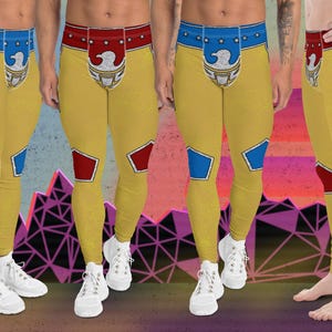 Mens Leggings Wrestling Hero, Gold Glam Rock Fashion Leggings, Pro-Wrestling Tights, Rave Gear, Halloween Cosplay Meggings, Party Pants