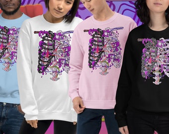 Unisex Sweatshirt Creepy Cute Skeleton, Kawaii Rib Cage, Spooky Menhera Sweater, Yami Kawaii Harajuku Pastel Goth, Weirdcore Gothic Horror