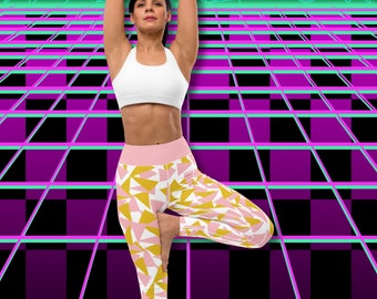 Yoga Leggings for Women, Yume Kawaii Harajuku Pastel Orange Pink Patterned  Retro Style Workout Pants, Soft Pastel Geometric Gym Pilates 