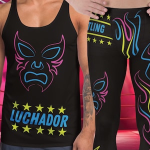 Men&#39;s Lucha Libre Outfit: Neon Flame Mask Leggings & Tank Top
