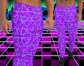 Mens Joggers Synthwave Purple, Loungewear Pants, Harajuku 80s Memphis Geometric Sweatpants for men, Vaporwave Retrowave Fashion, Yoga Pants