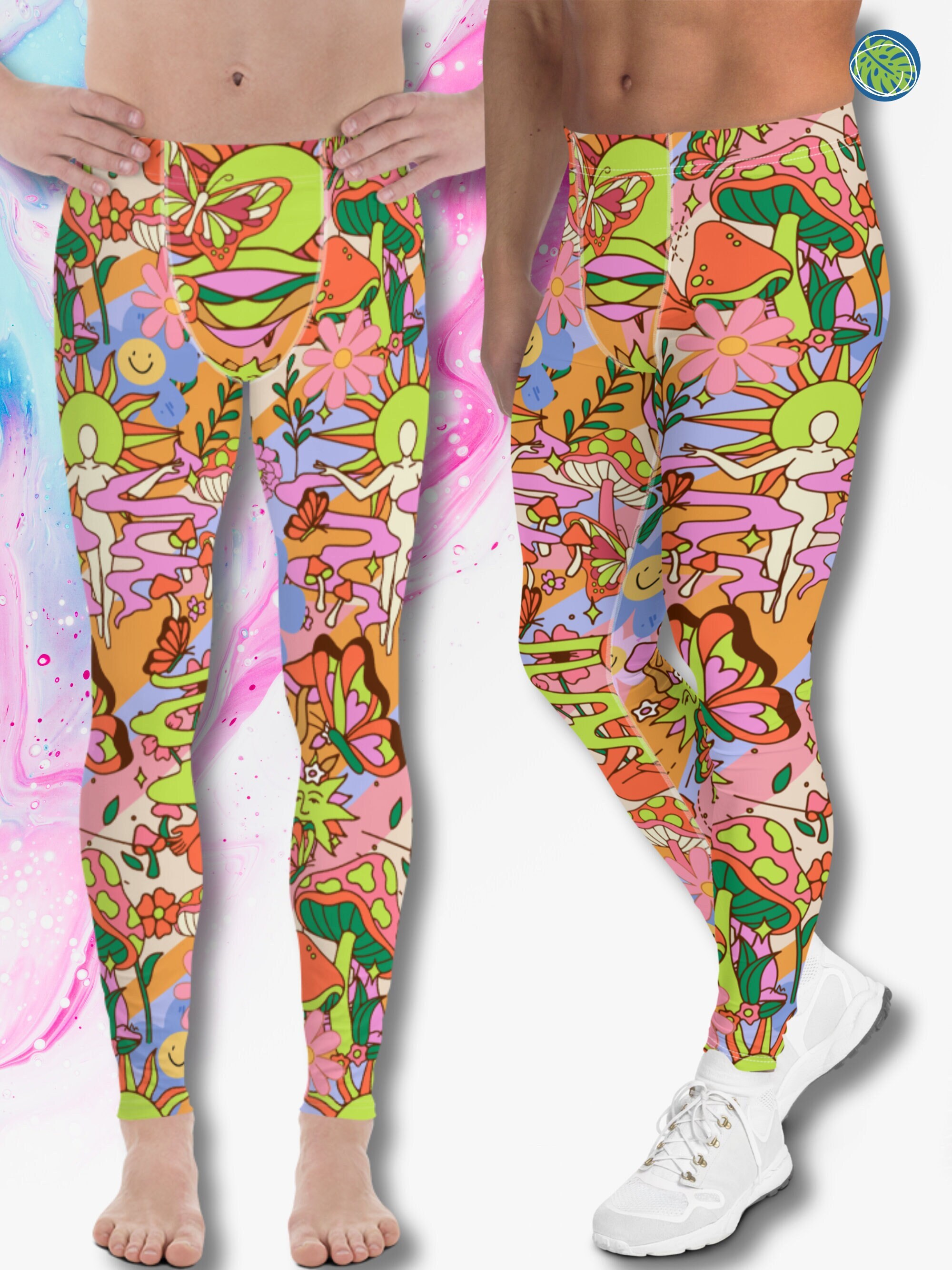 Groovy Flowers Yoga Leggings Women, 70s Retro Floral High Waisted Pants  Cute Printed Workout Gym Designer Tights