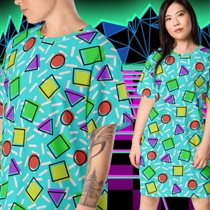 80s Memphis T-Shirt Dress: Blue Geometric Print Oversized Tee