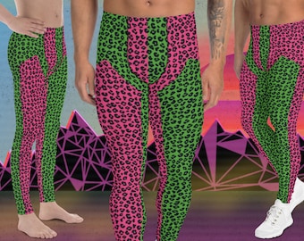 Wrestling Tights Green Leopard Skin, Mens Leggings, Performance Pants, Yoga Leggings Gym, Mens Rave Outfit, Mens Festival Meggings