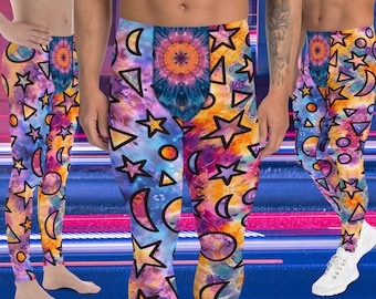 Mens Leggings Psychedelic Harlequin, Memphis Style Clowncore Pants, Pro Wrestling Tights, BJJ Grappling Spats, Running Meggings, Rave Gear