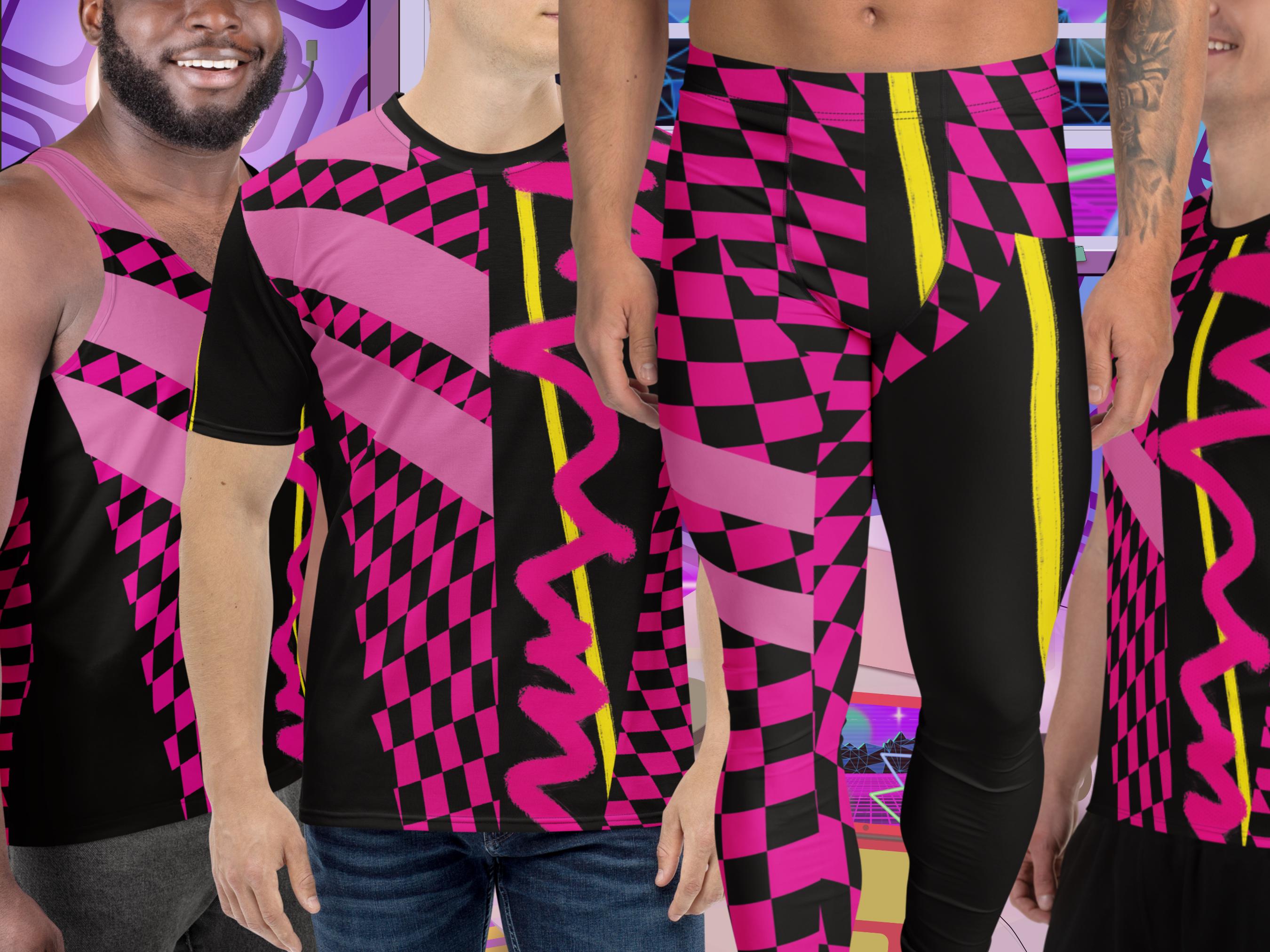 Men's Wrestling Outfit: Geometric Pink, Black & Yellow Leggings and T-shirt