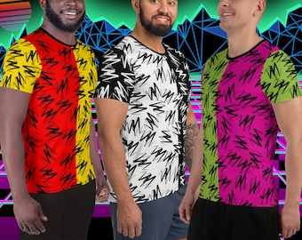 Mens Athletic Tshirt 80s Memphis Design Zigzags, Geometric Rainbowcore, Harajuku Aesthetic Design Gym Sports Vest, Festival Shirt, Rave Gear