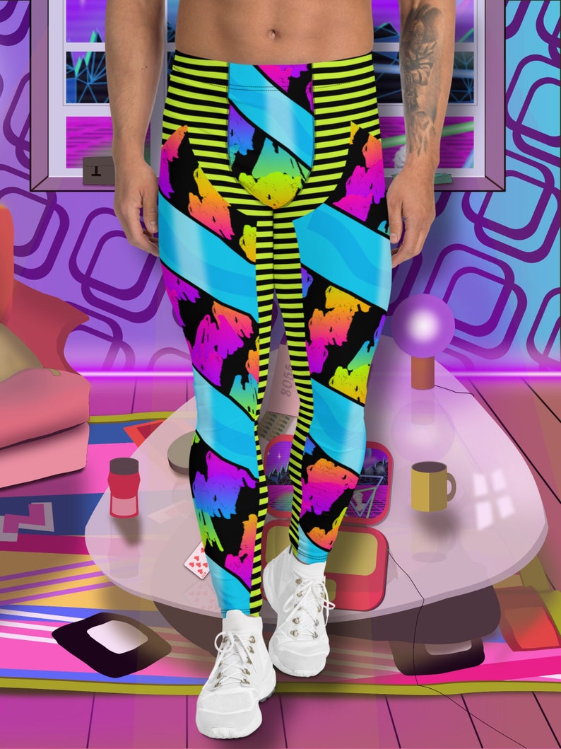 Mens Leggings Rainbowcore Cosplay Pro Wrestling Style Fashion Meggings for Guys, Retro Gym & Festival Pants, Vibrant Alternative Clothing. Anime rainbow pattern for gym, yoga, pilates, boxing, performance, dance. Neon colors. Stripes, scribbles.