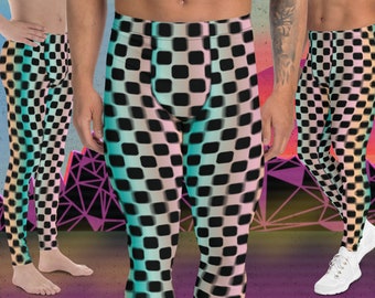 Mens Leggings Pastel Glitch Checks, Pro Wrestling Tights, Gym Tights, Fashion Meggings, Dance Gear, Rave Gear, Pastel Punk Running Pants