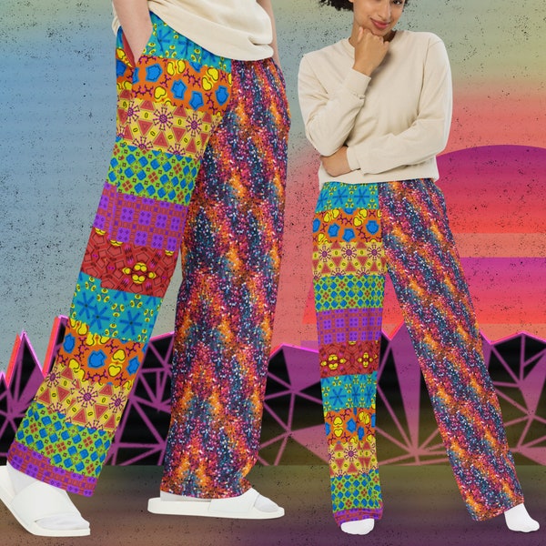 Unisex Wide-Leg Pants, Retro All-Over Print Vintage 70s Glitter Style, Disco Ball Streetwear Clubbing Vacation, Maximalist Fashion