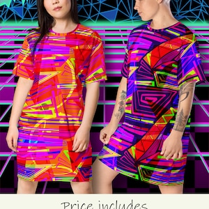 T-shirt Dress Neoncore EDM Rave, Printed Outrun Shirtdress, Womens Clubbing Outfit, Synthwave Electropop Cosplay Top, 90s Glitchcore