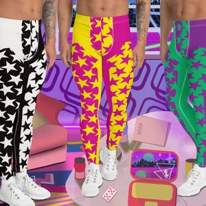 Mens Leggings Stars, Pro Wrestling Tights, Funky Fashion Leggings, Yoga Pants, Gym Outfit, Rave Gear, Dancewear, Running Tights, Wrestling tights, yoga gym pilates outfit. Pink, yellow, black, white, purple, green.