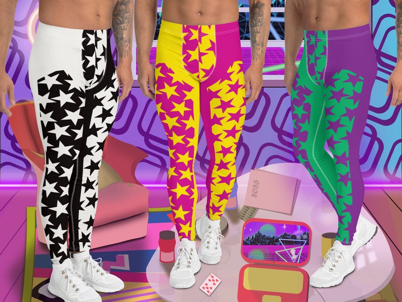 Mens Leggings Stars, Pro Wrestling Tights, Funky Fashion Leggings, Yoga Pants, Gym Outfit, Rave Gear, Dancewear, Running Tights, Wrestling tights, yoga gym pilates outfit. Pink, yellow, black, white, purple, green.