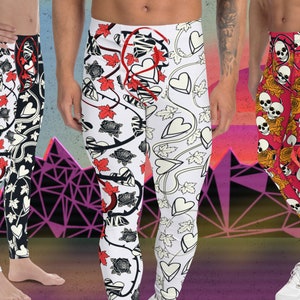 Mens Leggings Black Roses Broken Hearts, Pro Wrestling Style Tights, Rockstar Meggings, Party Clubbing Outfit, Weightlifting Running Tights