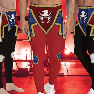 May include: Three pairs of black, red and blue leggings with a white eagle design. The leggings have a gold trim and a blue and white pattern on the legs.