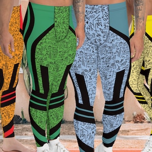 May include: Four pairs of leggings with a black, white and colourful abstract pattern. The leggings have a black stripe down the side and a black waistband.