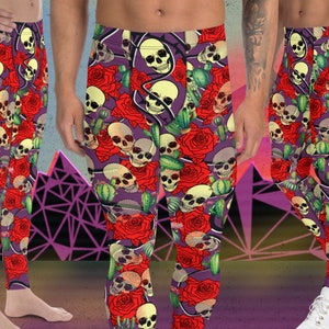 Mens Skull Rose Leggings: Cactus Print, Pro Wrestling Tights