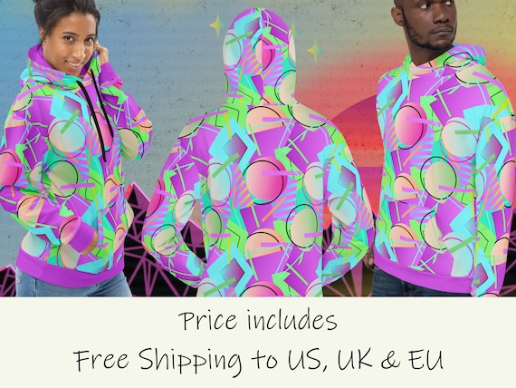 80s Retro Print Hoodie Bright Colorful Shapes Neon Graphic Hoodie