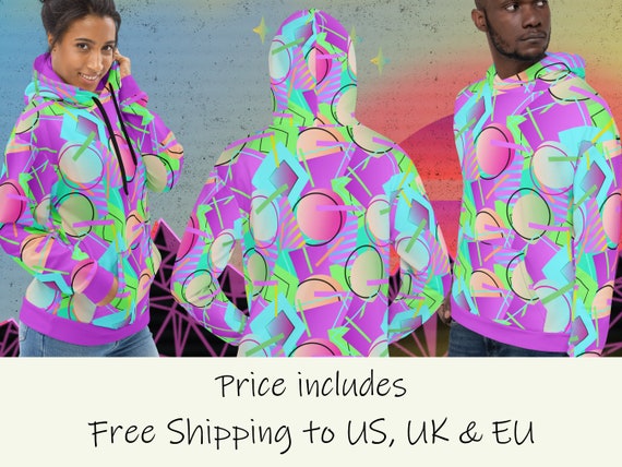 80s Retro Print Hoodie Bright Colorful Shapes Neon Graphic Hoodie