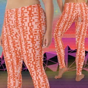 Leggings Patterned Orange Pink, Vibrant Geometric Womens Leggings, Workout Apparel Compression Pants, Gym Pilates Yoga Pants, Wrestling Gear