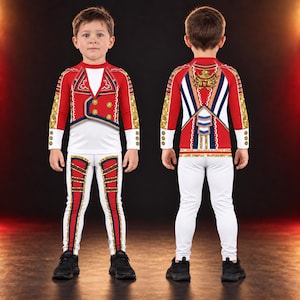 Puede incluir: Un conjunto de camiseta de manga larga y leggings con un estampado de uniforme de soldado en rojo y blanco. La parte superior muestra un gráfico de chaqueta roja con botones dorados, mientras que los leggings blancos tienen rayas verticales.