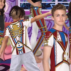 May include: Three children wearing colorful shirts and leggings with a patriotic theme. The shirts feature a white background with red, blue, and gold accents. The leggings are red, white, and blue with gold accents. The children are standing in front of a colorful background.