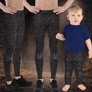 May include: Black leggings with a rose pattern and a crown design at the ankles. A toddler in a blue shirt and matching leggings is also shown. The leggings are worn by three people.