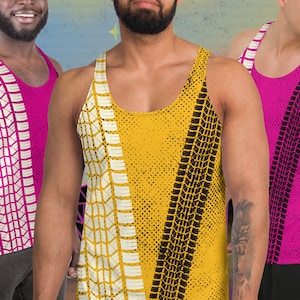 May include: Three tank tops with a tire tread pattern. One tank top is yellow with black tire treads, one is pink with white tire treads, and one is pink with black tire treads.