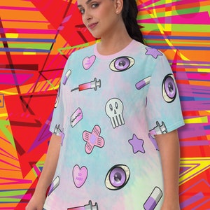 Yami Kawaii T-shirt | Pastel Goth Clothing | Creepy Cute | Hurt Sick All-over Graphic | Menhera Kei Anxiety Tee | Harajuku Japanese Fashion