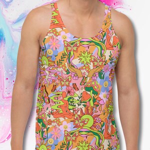 May include: A colorful tank top with a psychedelic pattern featuring butterflies, flowers, mushrooms, and suns. The pattern is in shades of orange, pink, green, blue, and yellow.