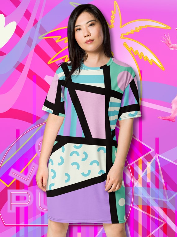 kawaii t shirt dress Pastel Memphis T-shirt Dress: Yami Kawaii Geometric Clothing