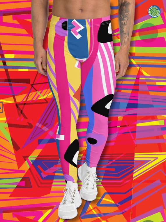 Crazy Geometric Print Harajuku Patterned Men's Gym Leggings 80s Memphis  Pink Blue Festival Meggings Activewear Fashion 