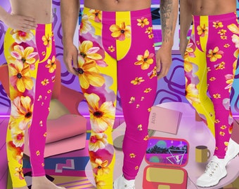 Mens Leggings Floral, Yellow and Pink Flower Print Leggings, Pro Wrestling Tights, Funky Fashion Leggings, Yoga Pants, Gym Outfit, Rave Gear