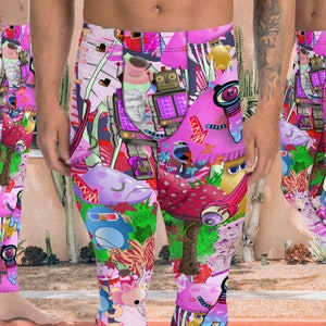 May include: Pink leggings with a colorful, abstract print featuring cartoon characters, robots, and mushrooms.