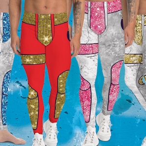 Mens Leggings Wrestling Hero, Silver Glam Rock Fashion Leggings, Pro-Wrestling Tights, Rave Gear, Halloween Cosplay Meggings, Party Pants